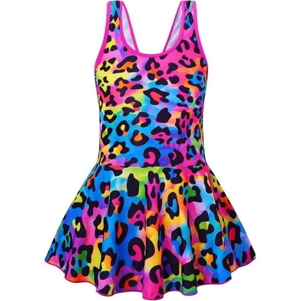 Girls Rainbow Leopard Skirted One Piece Swimsuit Neon Animal Print Size 3XL